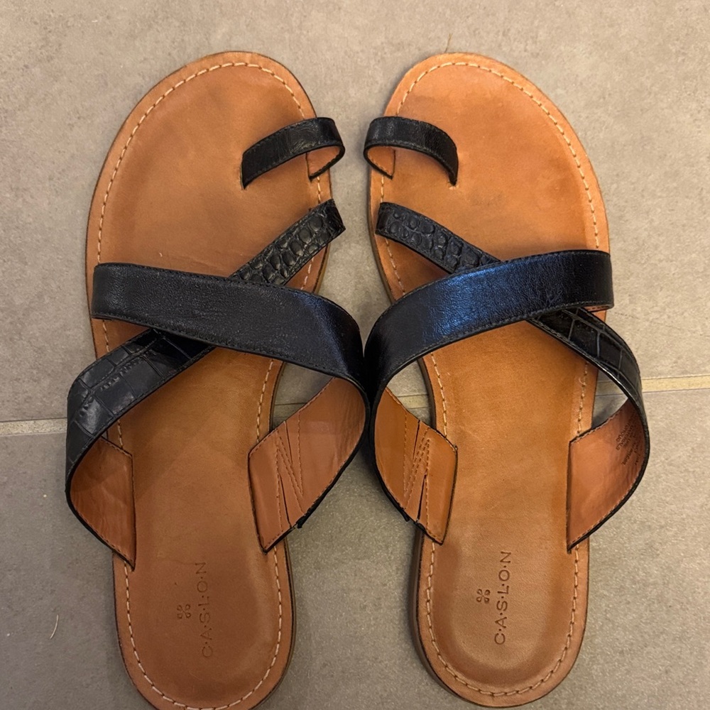 Caslon Black Cross-Strap Leather Slide Sandals with Tan Footbed